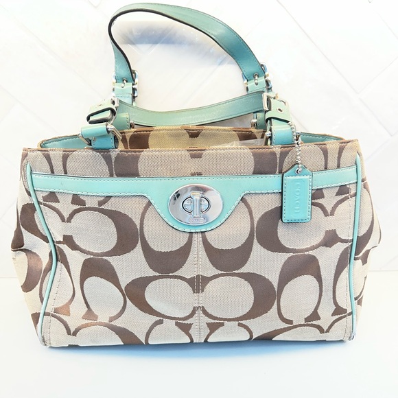 Coach Signature Canvas Shoulder Bag - Brown and Mint - Picture 1 of 8